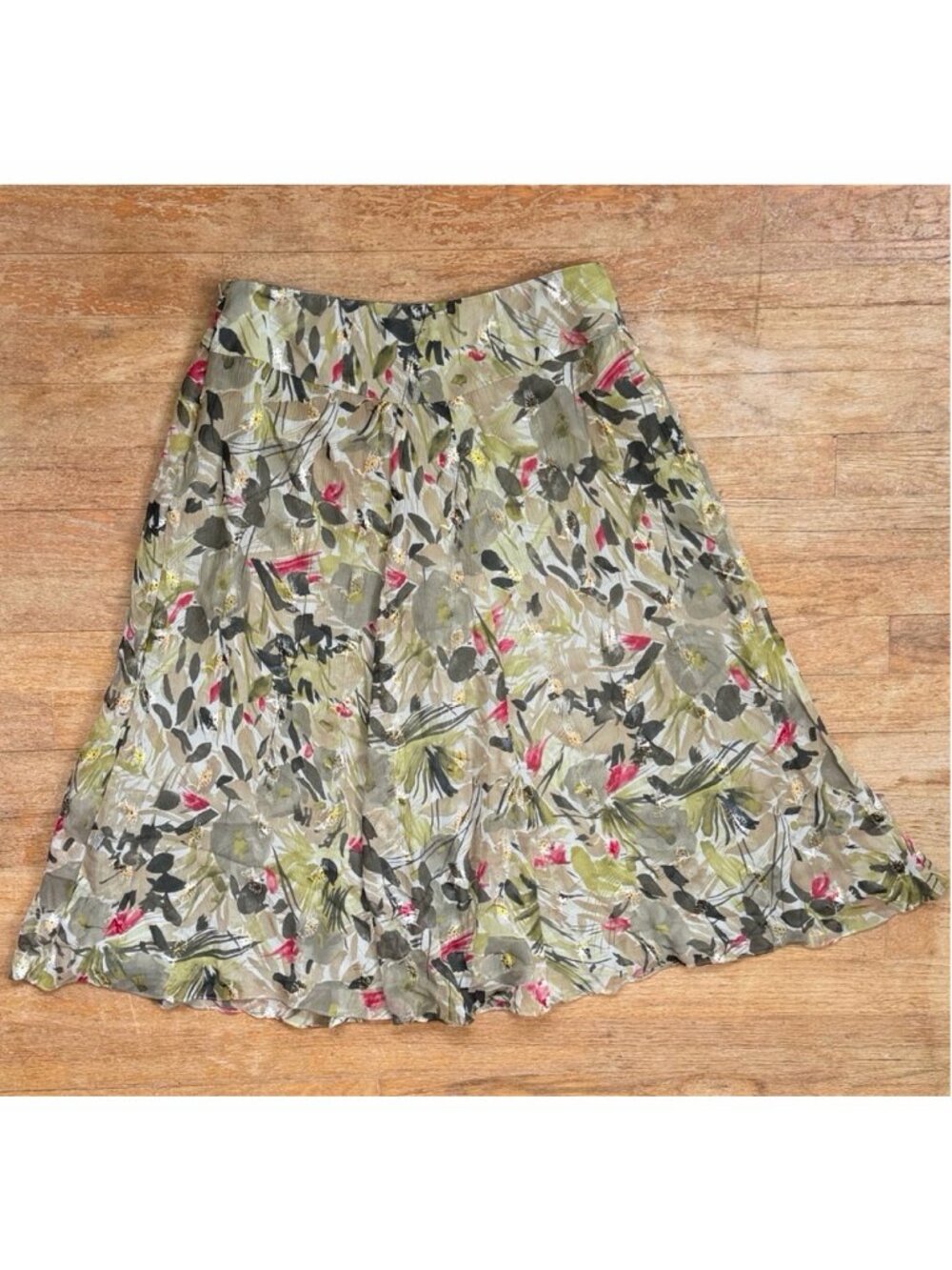 Jones New York Skirt Size 4 Floral 100% Silk Eyelet Embroidered Crepe Green Pink